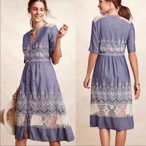 Blue Moulinette Souers Anthropologie Chambray crochet midi dress - Sz 6